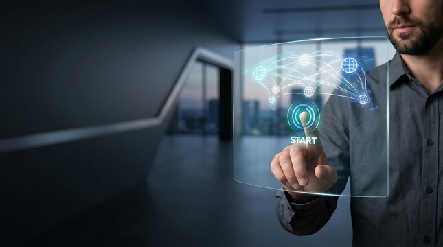 Businessman touching start button on a digital holographic display
