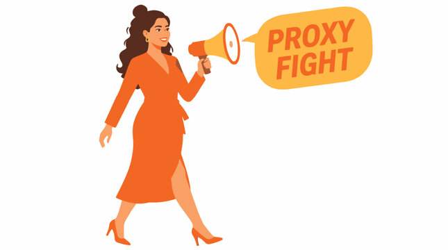 Woman in orange dress holding megaphone with proxy fight text.