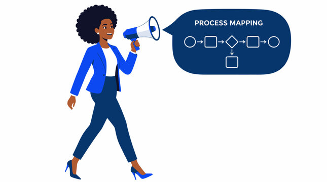 Businesswoman announcing process mapping concept with megaphone.