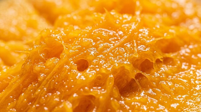 Macro closeup of juicy orange citrus pulp with glossy textured flesh and bright fresh color, creating an abstract fruit background for healthy food, freshness, juice, and natural ingredient themes