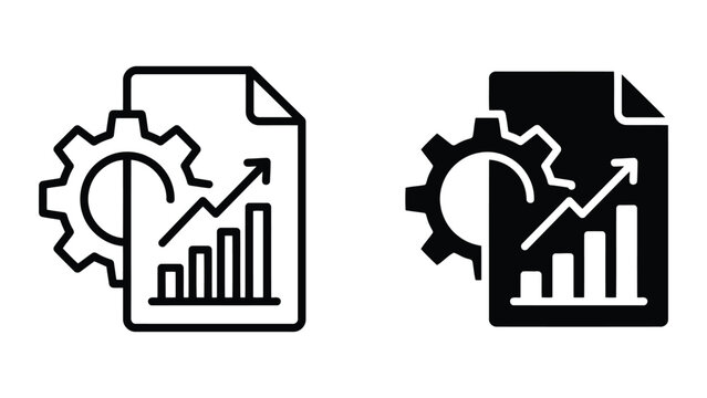 Business analytics report icon set featuring gear mechanism around a bar chart on document page for financial analysis and corporate performance tracking design projects on neutral background