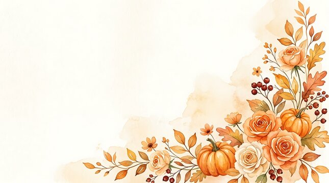 Autumn watercolor floral corner with pumpkins and roses