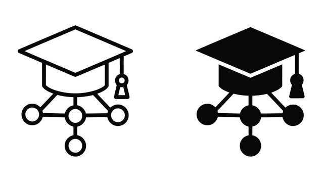 Graduation cap connected to neural network nodes icon set for advanced academic research and data science education concepts in clean professional vector design for technological platforms