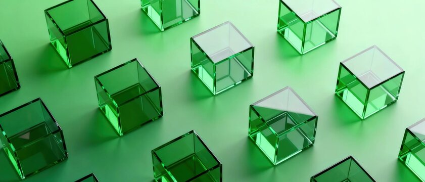 Multiple empty hollow transparent green glass cubes arranged in neat staggered grid pattern on solid matching green background minimal abstract 3d geometric design