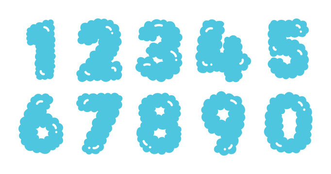Set of 10 cute cloud-shaped numbers from 0 to 9 in light blue. Minimalist flat vector illustration of fluffy sky cloud typography isolated on a white background for kids sticker design.
