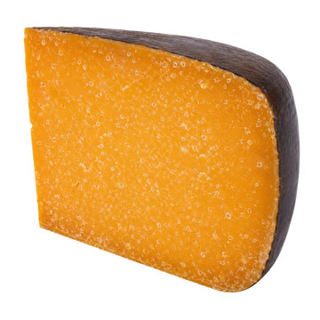 Aged Gouda Cheese Wedge Isolated on Transparent Background, Dutch Orange Cheese with Dark Wax Rind
