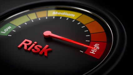 Fototapeta premium A gauge indicator showing a high risk level with a red needle