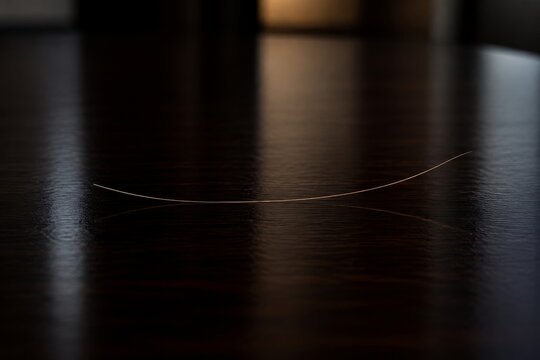 Single strand of hair on a dark wooden table. Alopecia and hair loss concept. Close up of fallen human hair showing signs of thinning. Health care and medical dermatology research.