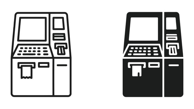 Modern atm machine banking terminal icon set in both outline and solid vector styles for financial digital interface design and mobile application navigation elements on a clean white background