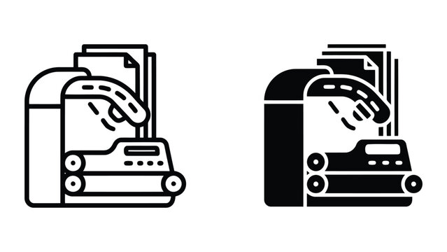 Document scanning and processing equipment icon set featuring paper sheets and scanner mechanism in outline and solid black designs for office automation and digital file management systems