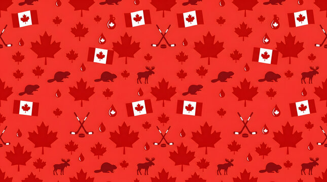Canadian symbols and maple leaf pattern.