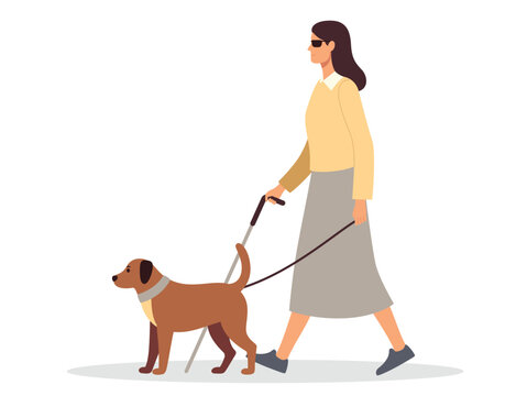 A blind woman in a yellow sweater is walking and carrying her pet dog.eps