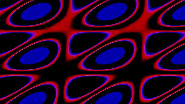 Abstract geometric pattern with red and blue oval shapes on black background