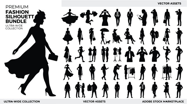 Fashion silhouette bundle, premium collection of diverse people and models in stylish poses, black vector silhouettes for apparel design and retail marketing