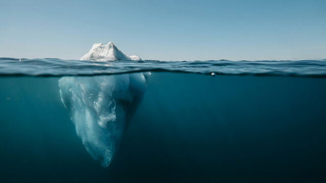 A majestic iceberg floating in the deep blue ocean water split view