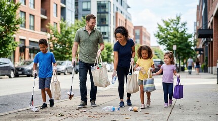 Fototapeta premium Family collecting litter on city sidewalk