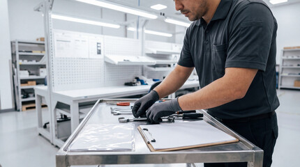 Obraz premium Male technician wearing black polo shirt and gloves organizes tools on a metal workbench in a modern workshop with bright overhead lighting and storage shelves