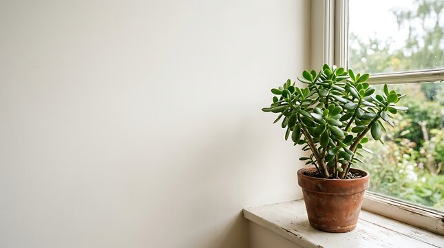 Green jade plant in terracotta pot on a sunny white windowsill