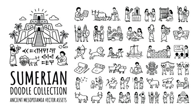 Sumerian doodle collection of ancient Mesopotamia vector assets, hand drawn historical icons of ziggurat and cuneiform, black and white line art set