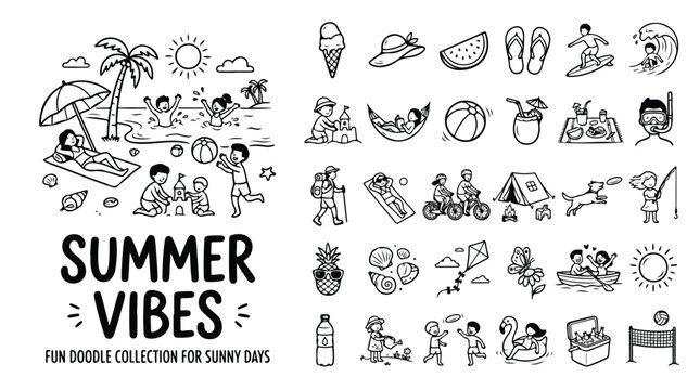 Summer vibes fun doodle collection, hand drawn beach vacation icons, black and white seasonal holiday vector set for sunny days