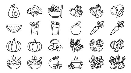 Obraz premium Healthy food and organic nutrition thin line icon set featuring fresh fruits vegetables salad smoothie soup tea and nuts vector