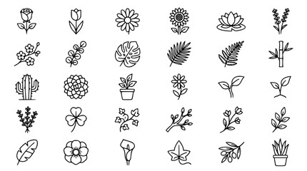 Botanical line art icons mega collection featuring delicate flowers leaves tropical plants herbs potted houseplants clover and cactus vector elements © Mohammad