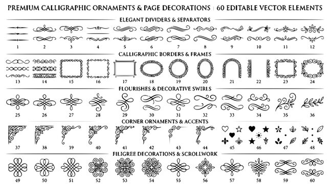 Premium calligraphic ornaments mega set containing elegant dividers text separators borders frames flourishes corner accents and filigree scrollwork vector elements