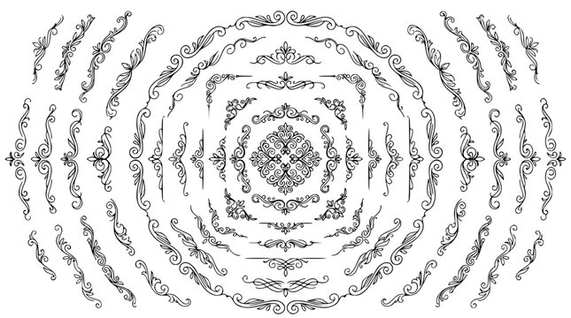 Vintage calligraphic scroll frame collection arranged in mandala circle composition featuring baroque borders corners dividers and filigree ornament vector