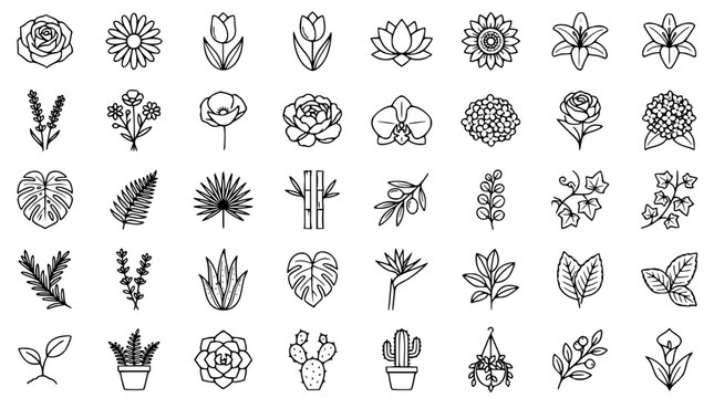 Botanical line art icons mega bundle including flowers leaves tropical plants herbs cactus succulents and potted houseplant vector elements