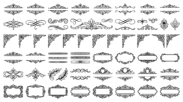 Vintage calligraphic ornament set featuring elegant baroque frames corners dividers scroll swirls and filigree flourish border vector design elements