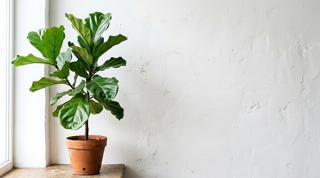 Potted fiddle leaf fig plant against a white textured wall