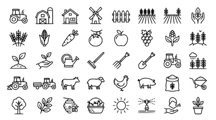 Fototapeta premium Agriculture and farming thin line icon set including tractor barn windmill field crops livestock gardening tools and fresh vegetables vector