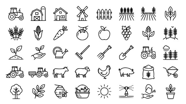 Agriculture and farming thin line icon set including tractor barn windmill field crops livestock gardening tools and fresh vegetables vector