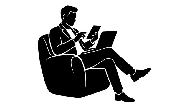 Businessman sitting in armchair working multitasking with laptop and digital tablet computer black silhouette vector isolated illustration