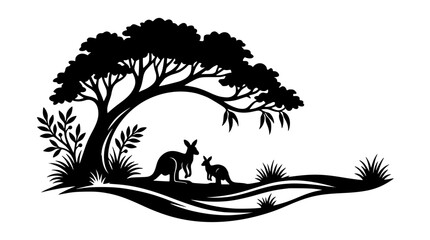 Australian outback wildlife landscape scene with kangaroo and joey under eucalyptus tree black silhouette vector illustration graphic © Mohammad