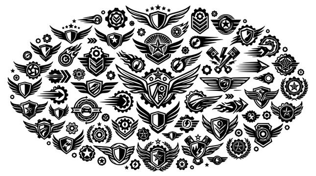 Automotive racing team heraldic crests and corporate company insignia black silhouette shield wings eagle badge vector icons mega bundle set