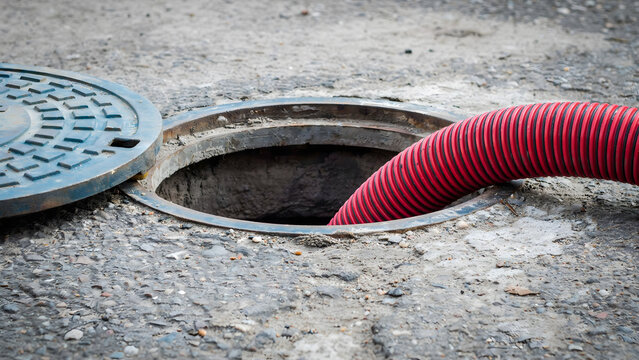 A red suction hose extracting waste from an open urban sewer manhole on asphalt