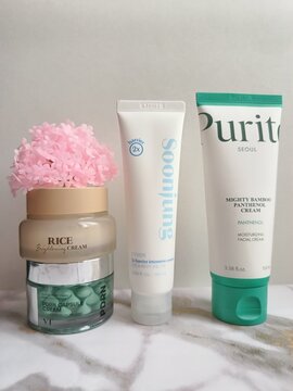 Viral Korean moisturizers, popular skincare, purito bamboo panthenol, skinfood rice moisturizer, etude 2x intense barrier, vt pdrn capsule cream