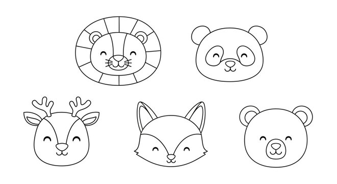 Animal face line drawings for children's coloring and crafts.