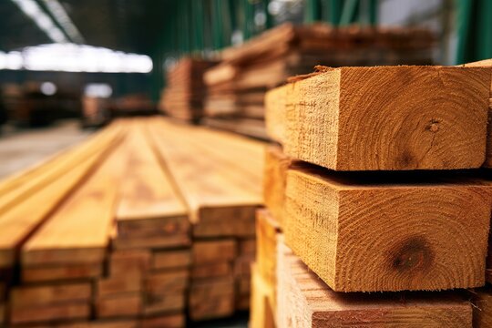 Stacked timber planks, freshly cut, stored in a warehouse for processing