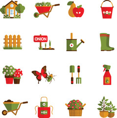 Home gardening equipment flat vector icons bundle featuring wheelbarrow watering pot gloves shears hose vector © mita