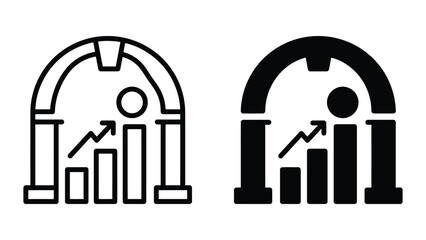Fototapeta premium Professional business icon set showing bar chart with growth arrow inside archway structure for corporate analytics and data visualization in both outline and solid vector graphic styles isolated