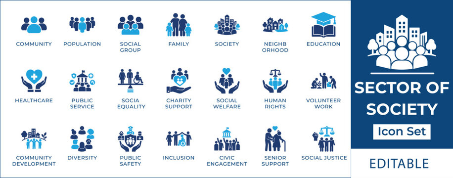 Sector of society icon set featuring public healthcare, education, community development, social justice equality, human rights charity, elder care, and disability support.
