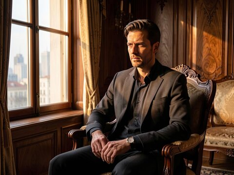 Confident stylish man in dark suit sitting in luxury chair by window, warm light.