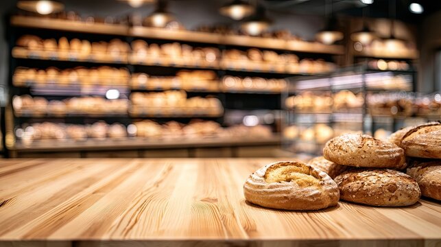 Freshly baked bread and pastries displayed on a wooden counter in a bakery