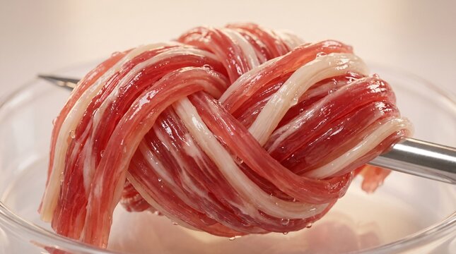Macro close-up of a plant-based cultured meat prototype replicating Wagyu beef marbling with knotted synthetic protein fibers in a lab