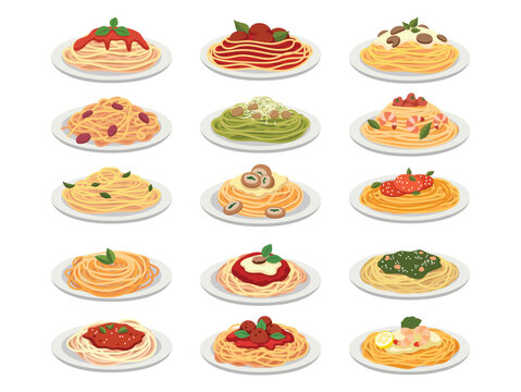 Pasta and spaghetti graphic vector illustration set
