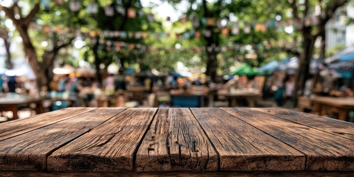 Rustic wooden table in foreground with a blurred outdoor market and trees in background