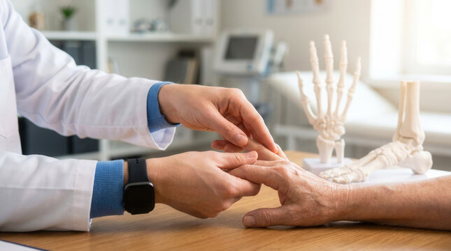 Doctor checking patient hand and finger joints during rheumatology exam on desk, arthritis diagnosis and professional medical care