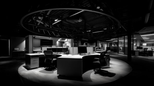 A dimly lit modern office space with circular work area and cubicles